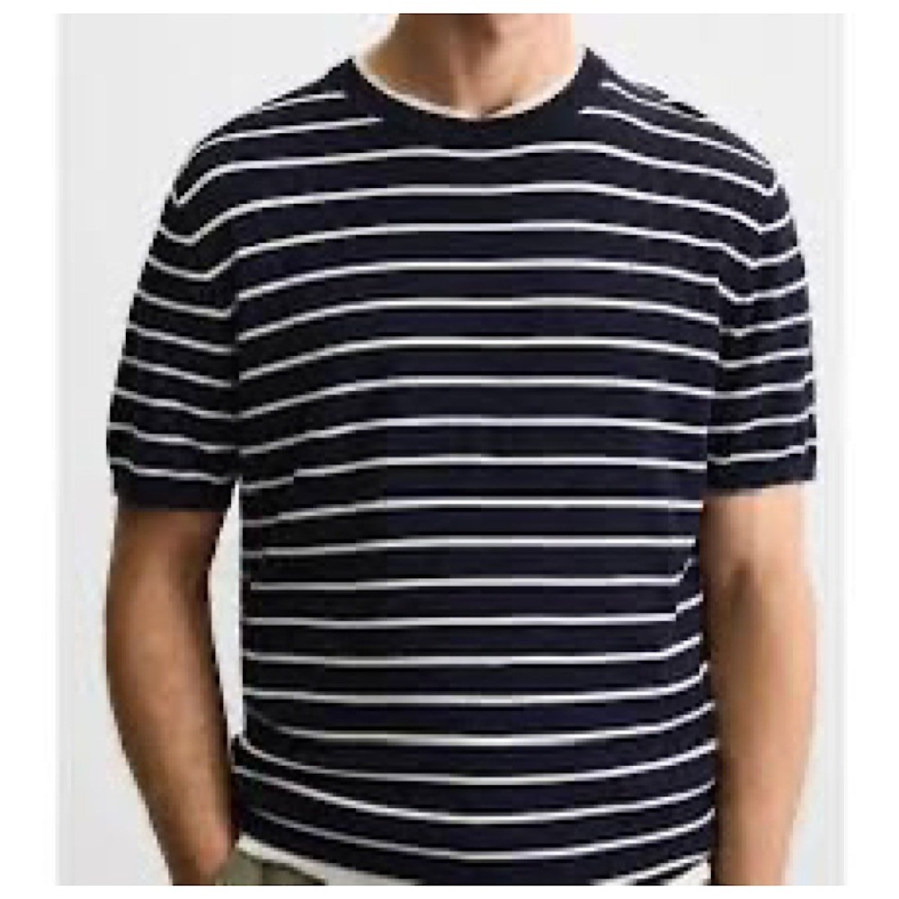 Zara Knit Crew Neck Pullover Shirt Men L Navy Blue White Striped Short Sleeve